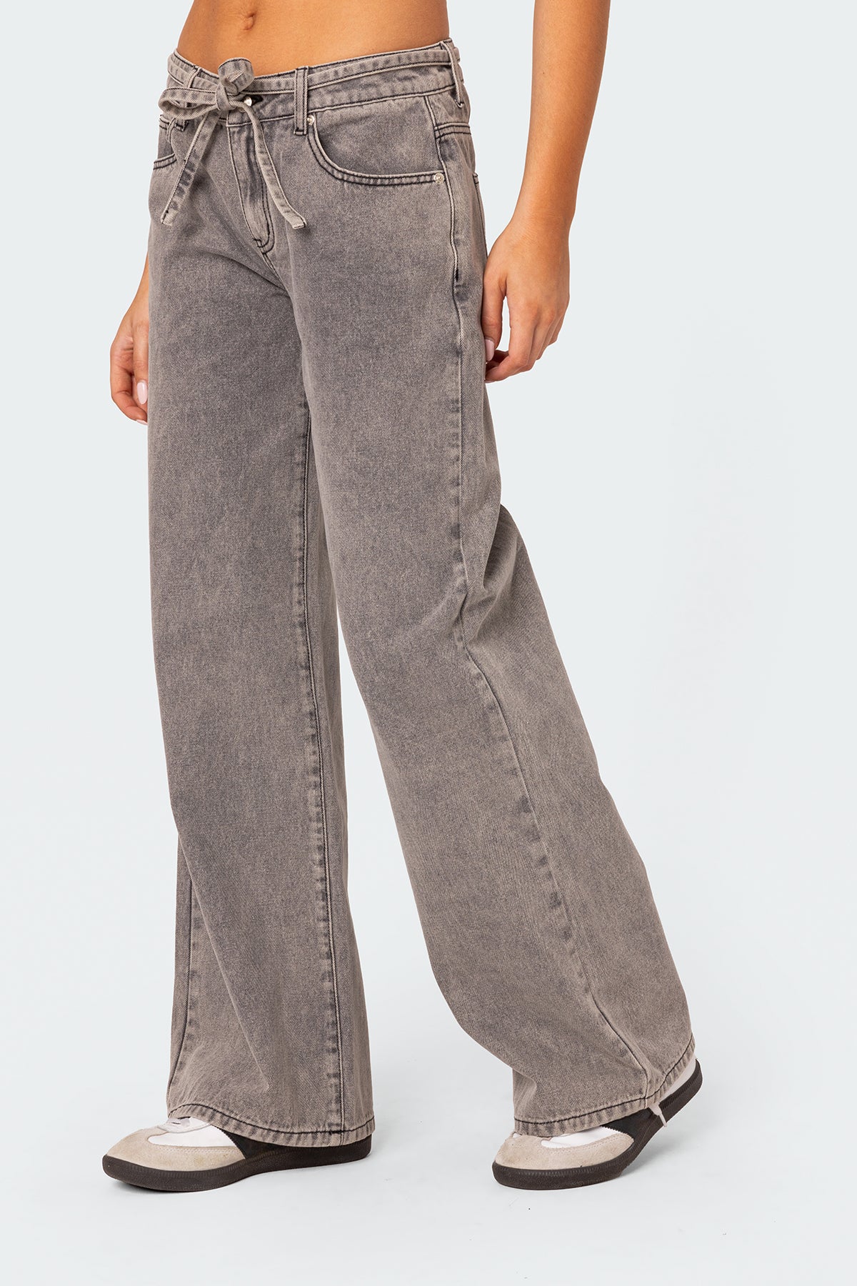 Tie Waist Washed Low Rise Jeans