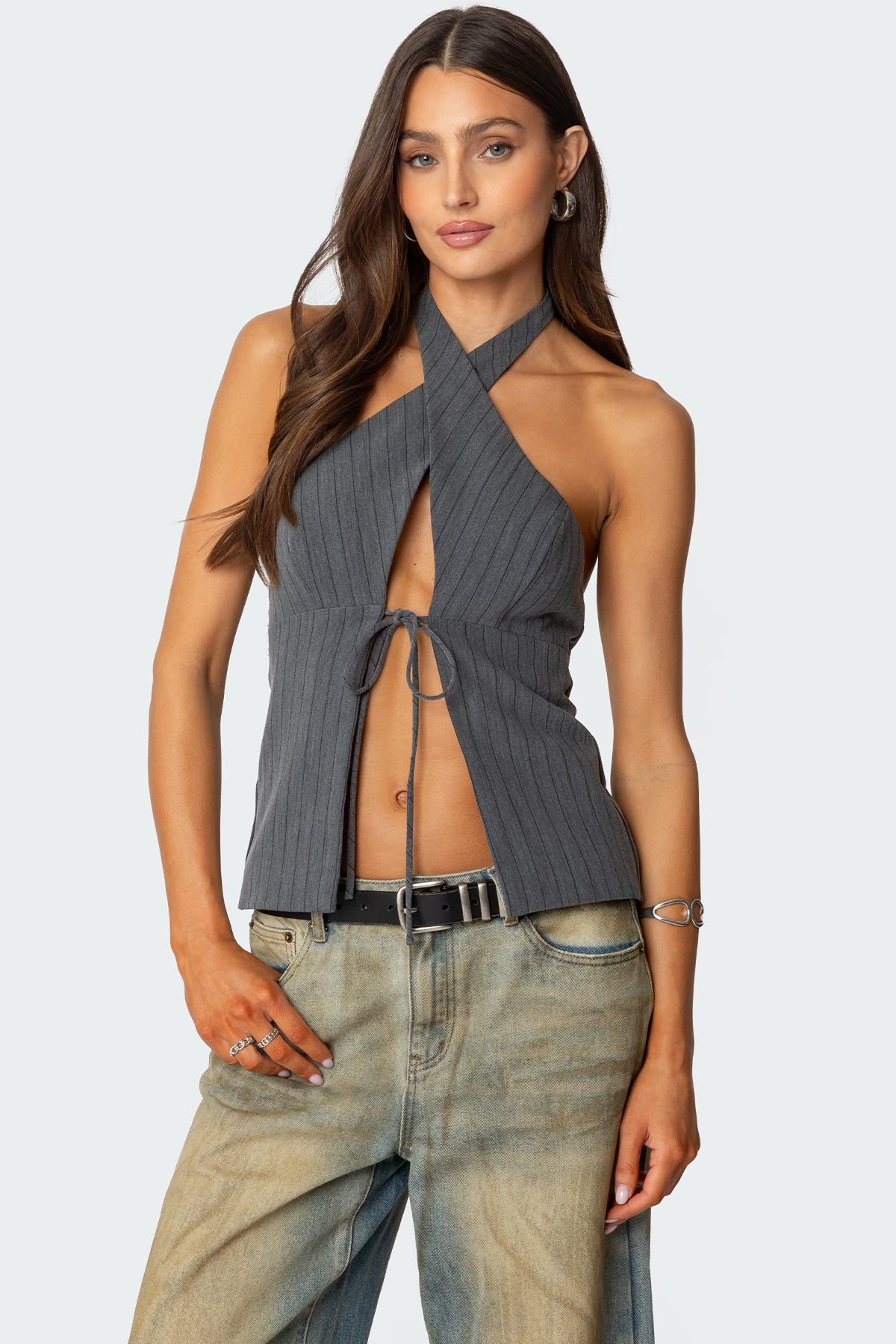 Split Front Pinstripe Halter Top