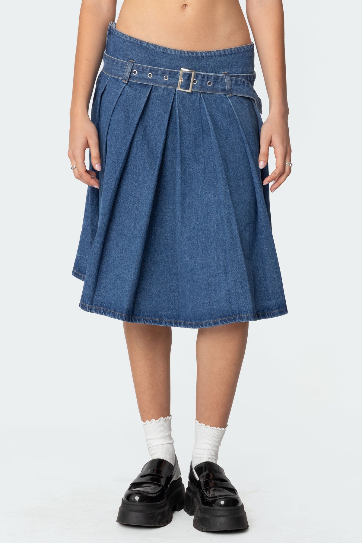 Belted Pleated Denim Midi Skirt