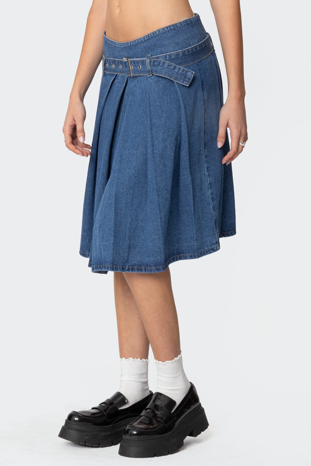 Belted Pleated Denim Midi Skirt