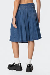 Belted Pleated Denim Midi Skirt