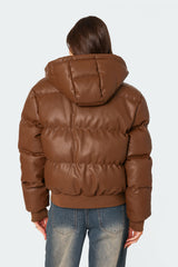 Wintry Faux Leather Hooded Puffer