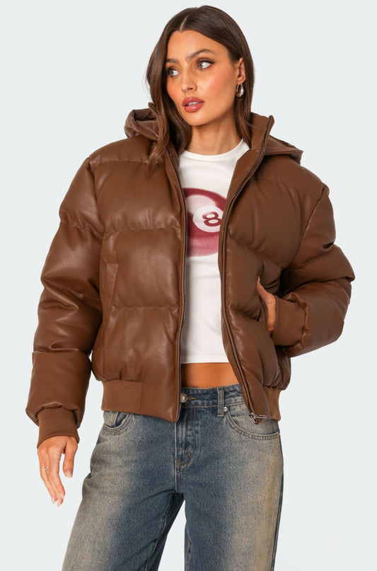 Wintry Faux Leather Hooded Puffer