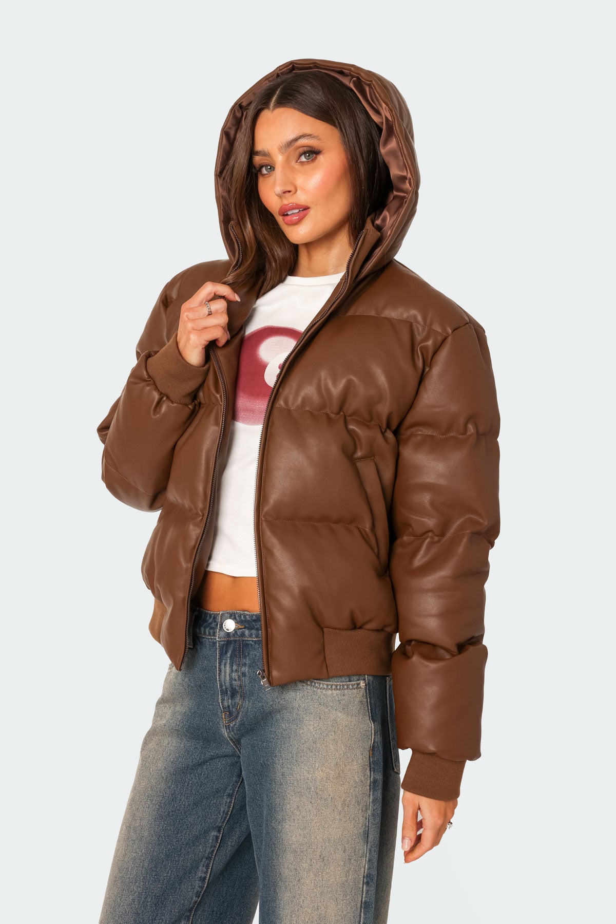 Wintry Faux Leather Hooded Puffer