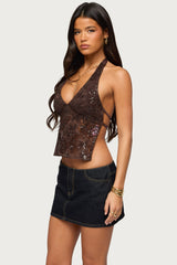 Butterfly Sequin Backless Halter Top