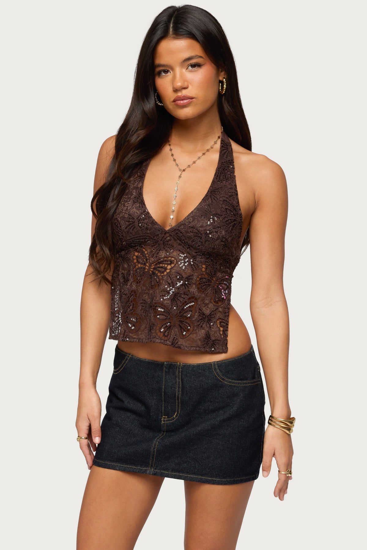 Butterfly Sequin Backless Halter Top – edikted