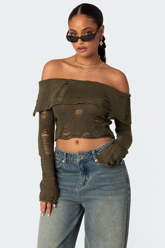 Distressed Fold Over Sweater