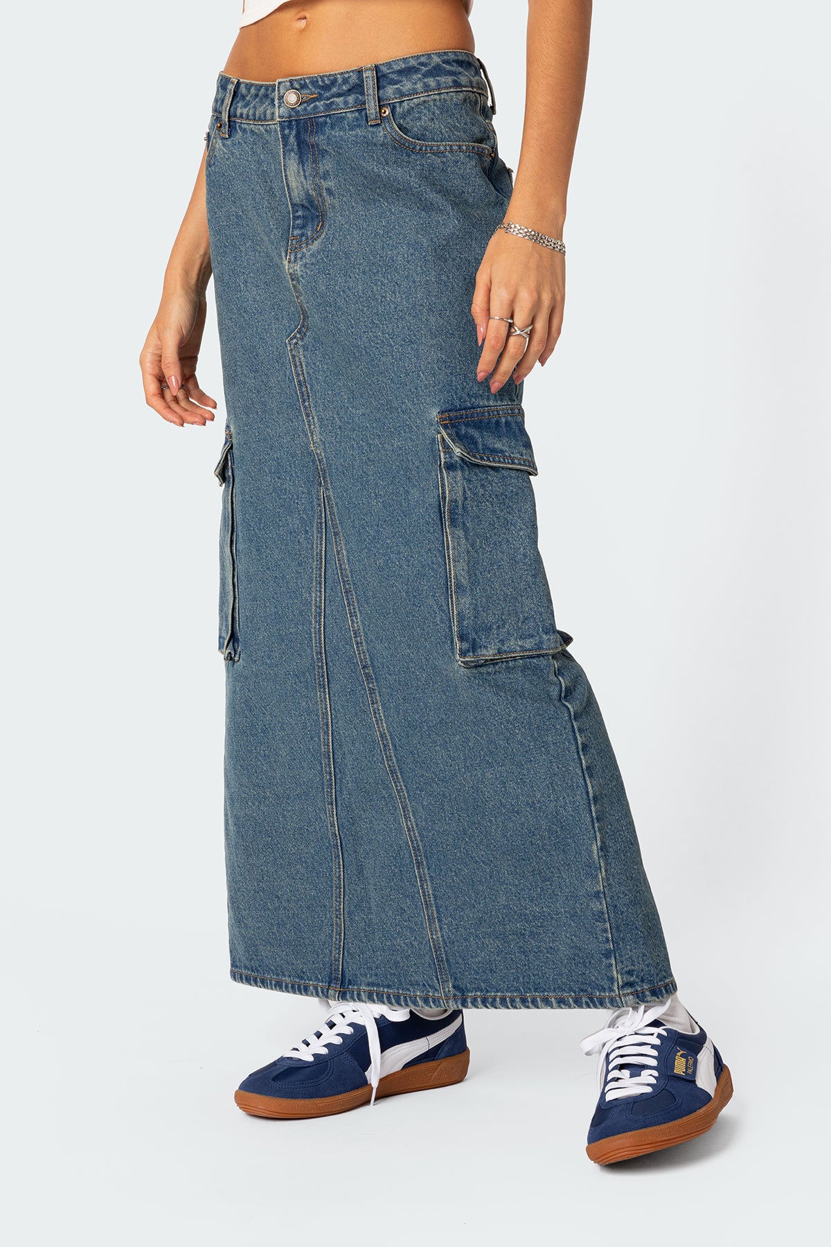 Slitted Cargo Denim Maxi Skirt