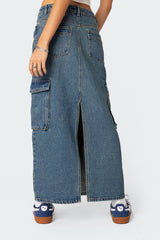 Slitted Cargo Denim Maxi Skirt