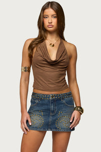 Adeline Faux Suede Cowl Neck Halter Top