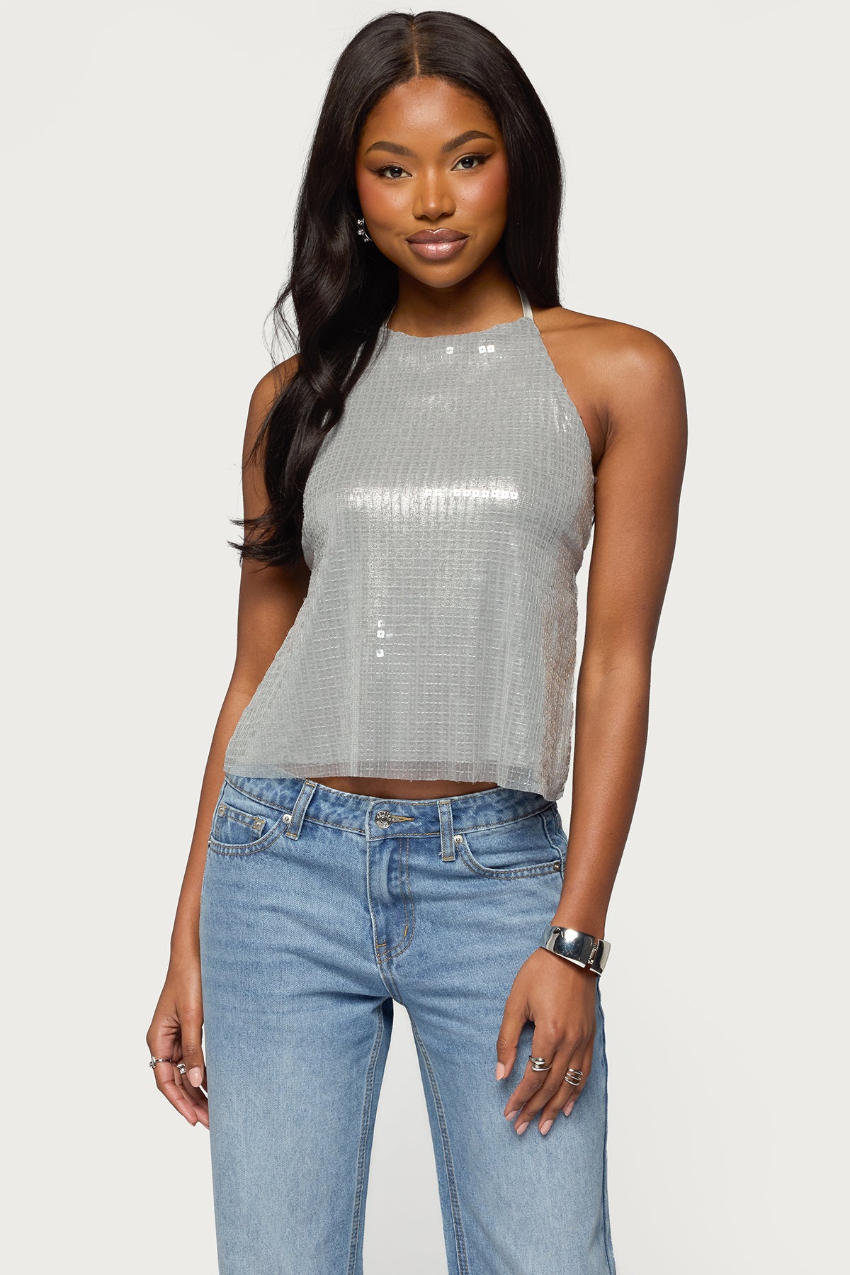 Itara Sequin Backless Halter Top – edikted