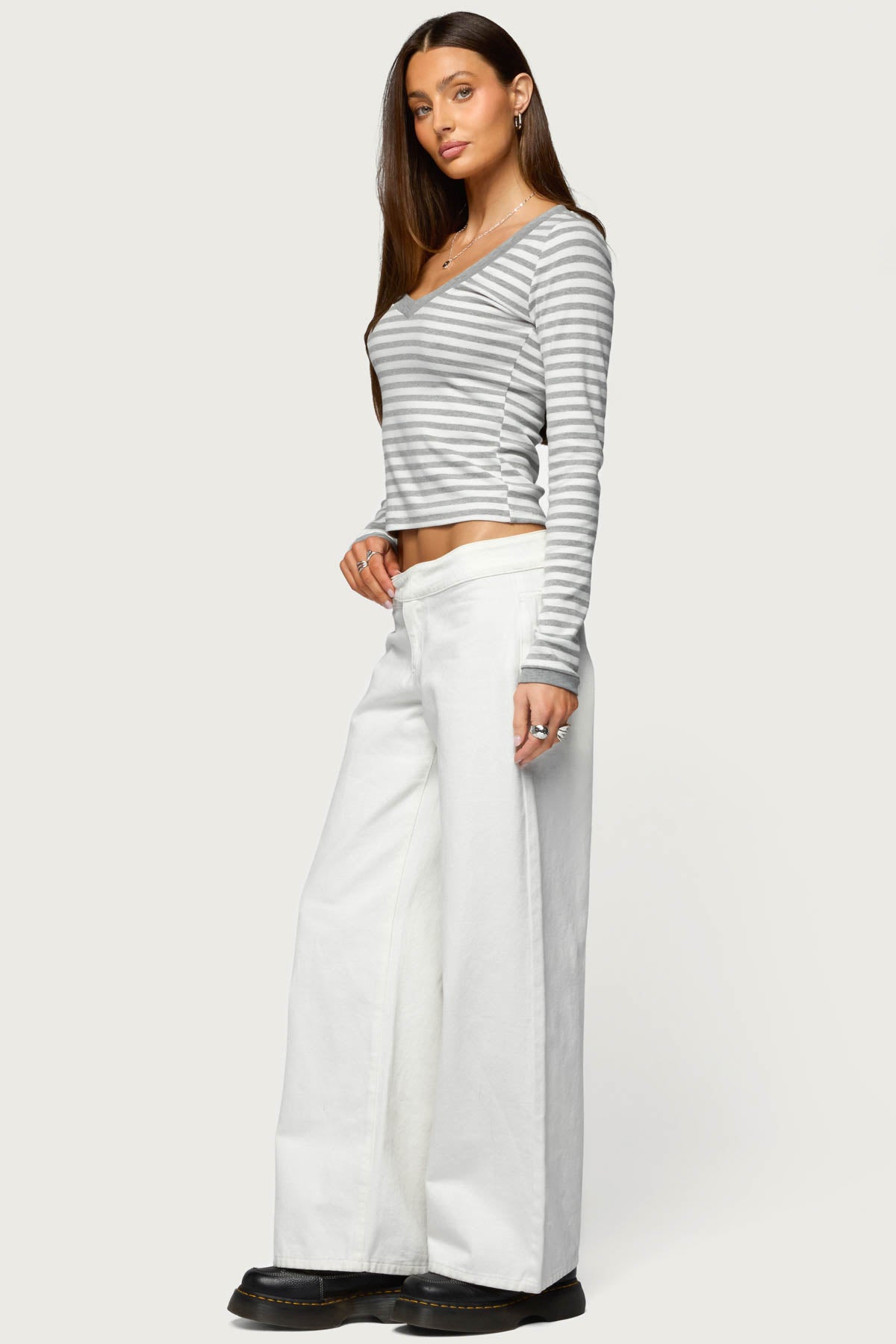 Kimi Striped Long Sleeve V Neck Top