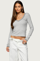 Kimi Striped Long Sleeve V Neck Top