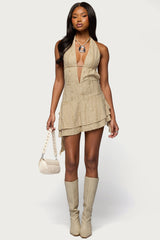 Shredded Backless Halter Mini Dress