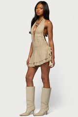 Shredded Backless Halter Mini Dress
