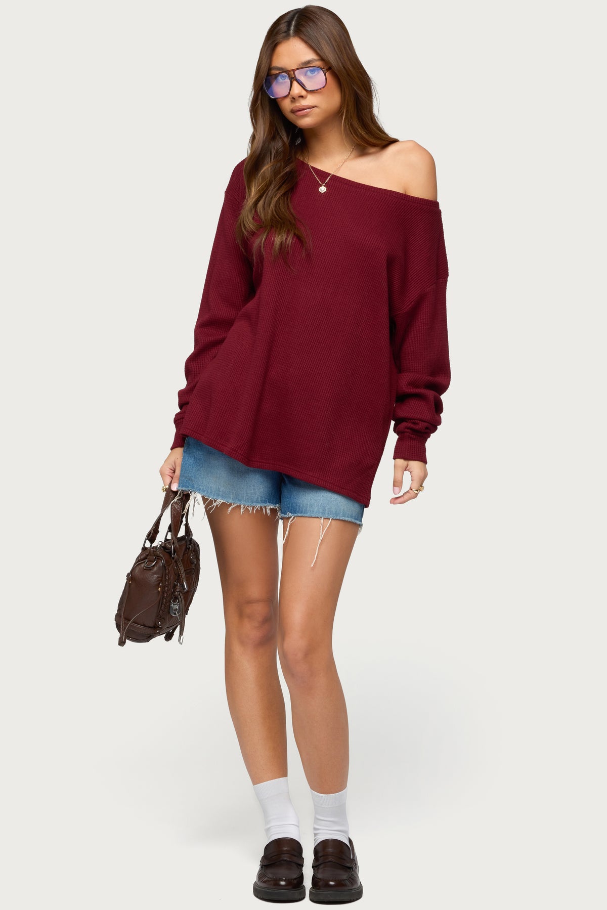 Damari Off Shoulder Oversized Waffle Top