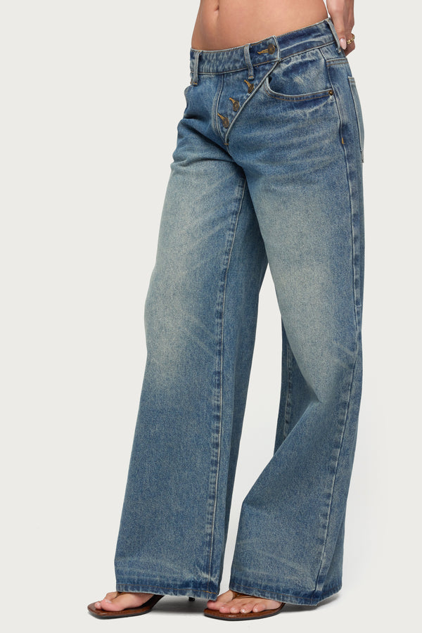 Moxlan Slanted Button Low Rise Baggy Jeans
