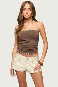 Marey Iridescent Ruched Strapless Top