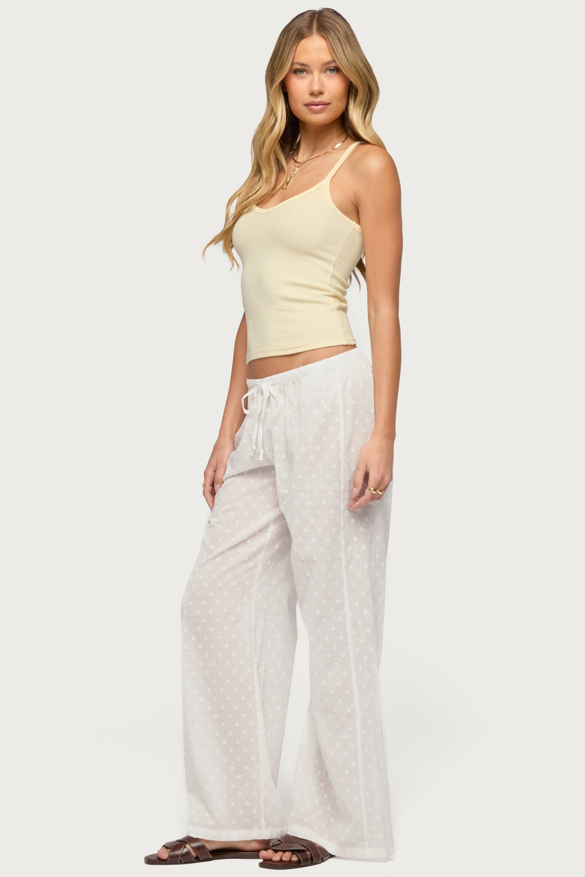 Embroidered Polka Dot Sheer Cotton Pants