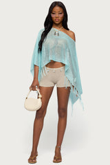 Sequin Fringe Knit Poncho