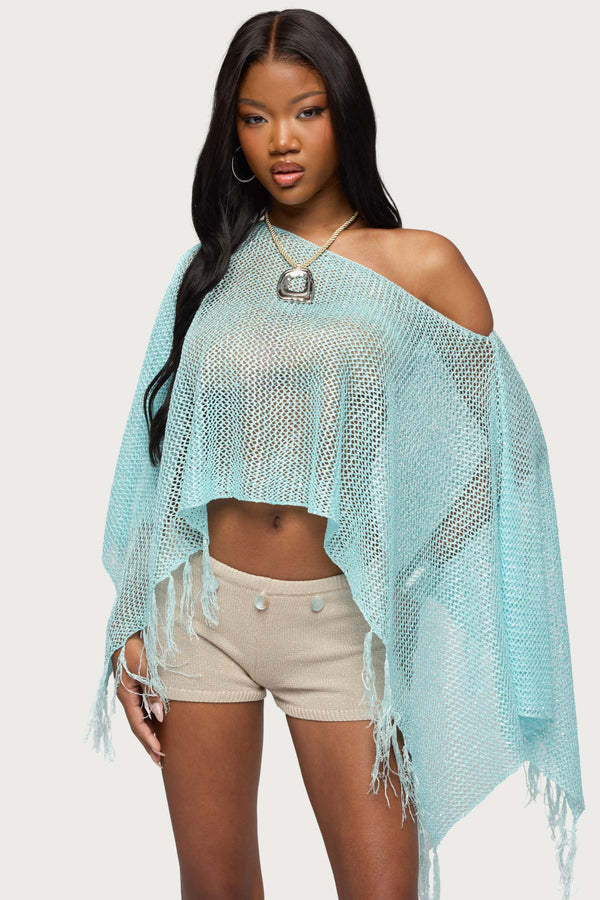 Sequin Fringe Knit Poncho