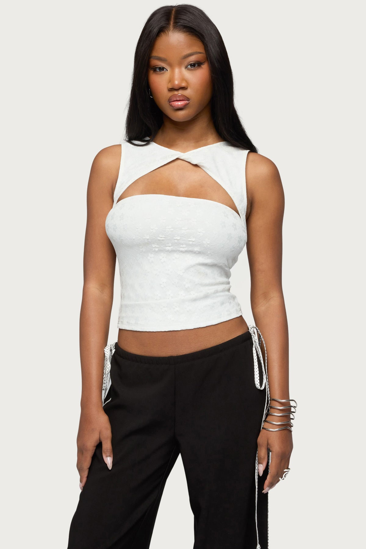 Elisia Twist Cutout Flower Lace Top – edikted