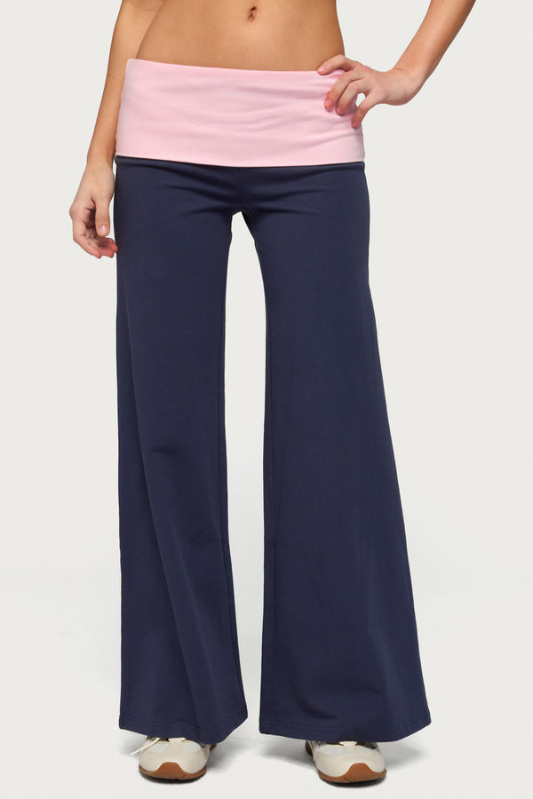 Petite Wide Leg Contrast Foldover Pants