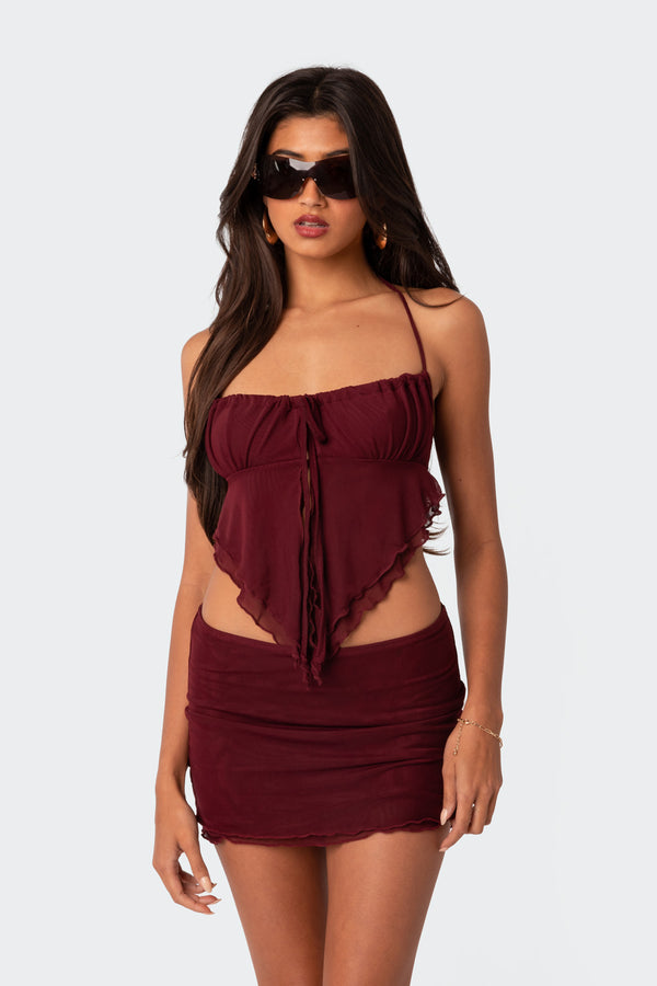 Ariyah Open Tie Back Ruffle Mesh Top