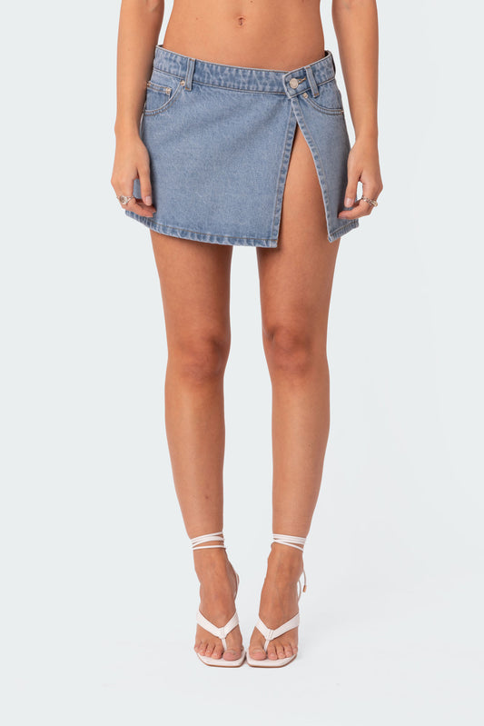 Slitted Denim Wrap Mini Skirt