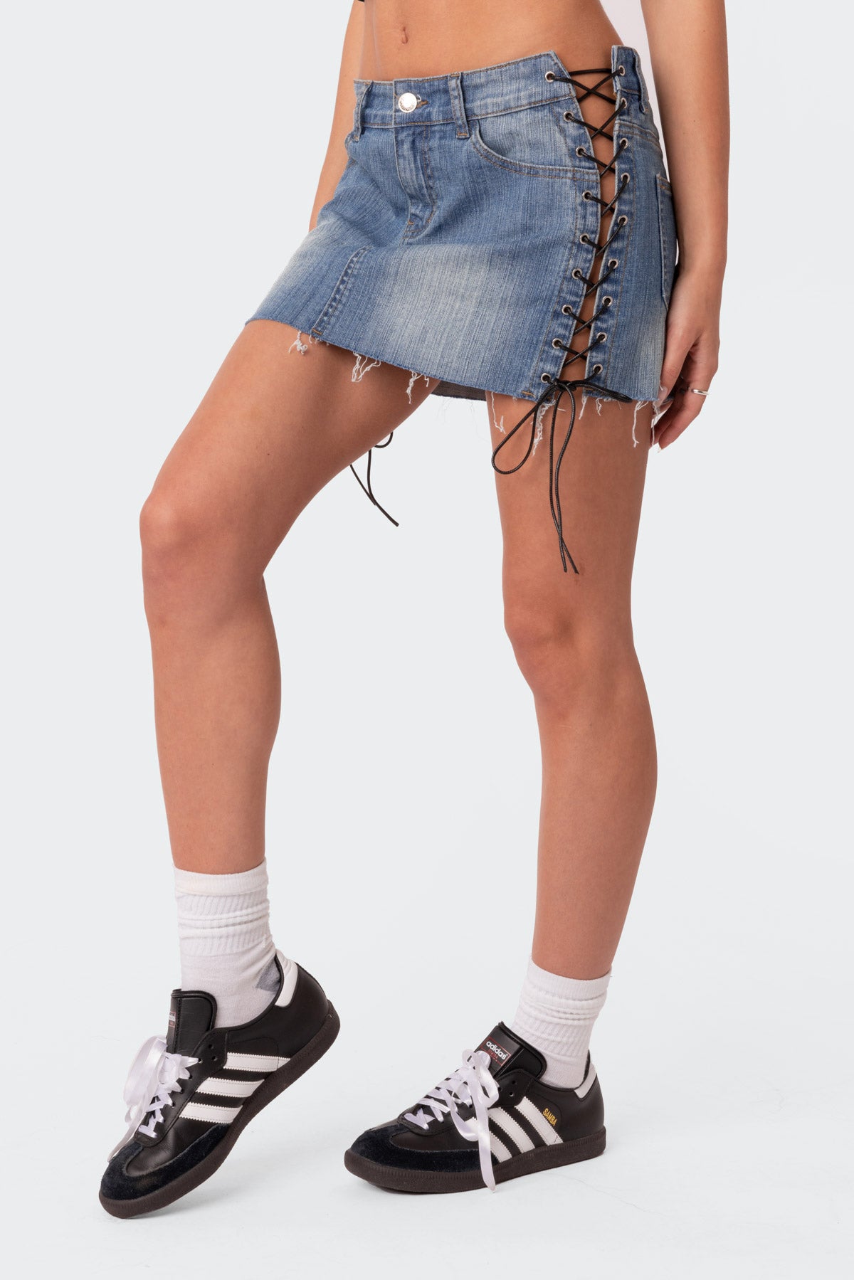 Side Lace Up Denim Mini Skirt