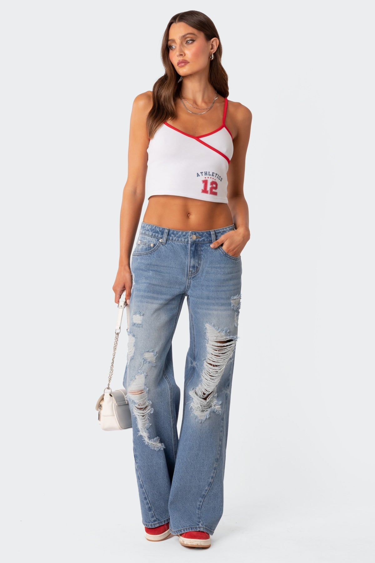 Low Rise Distressed Wide Leg Jeans