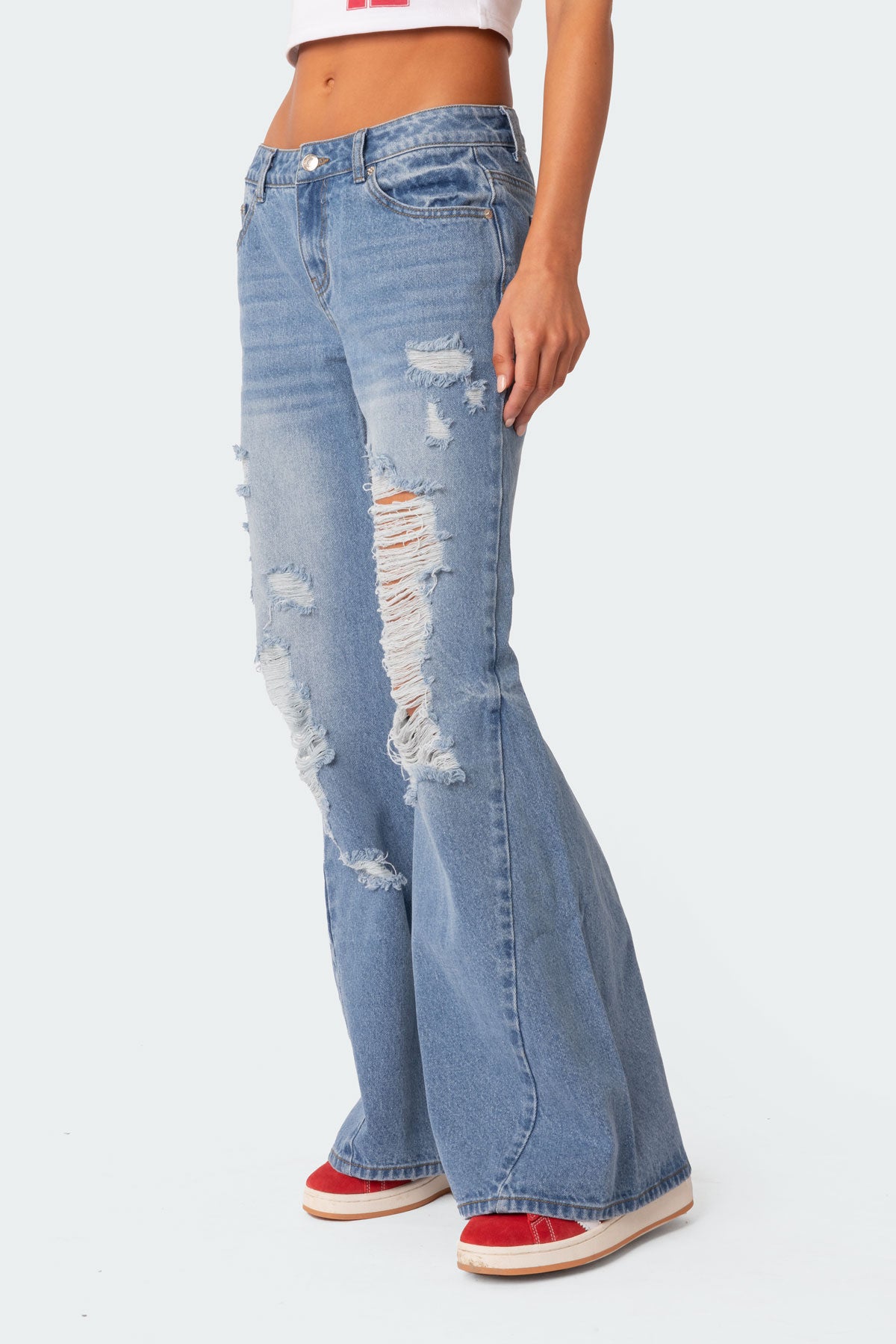 Low Rise Distressed Wide Leg Jeans