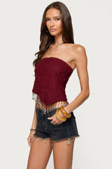 Textured Asymmetric Bead Fringe Strapless Top