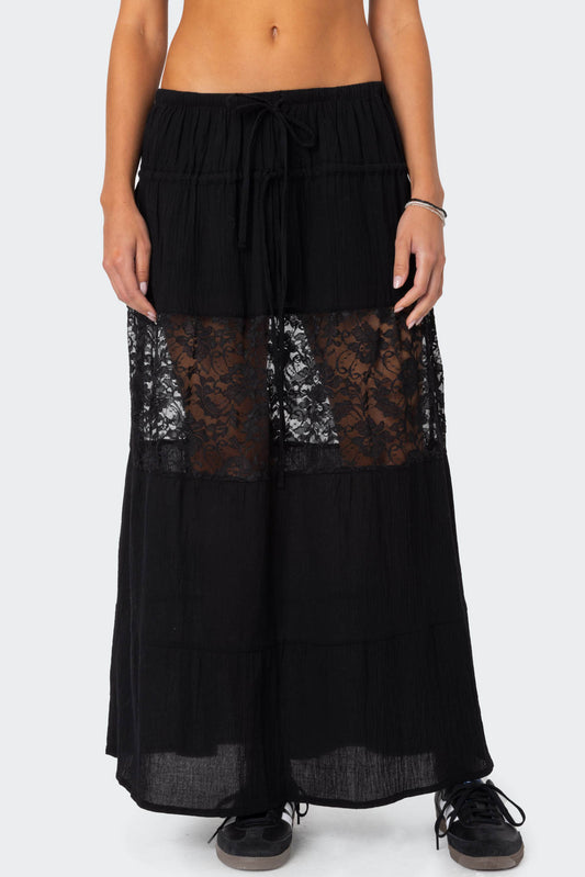 Double Tie Lace Panel Maxi Skirt