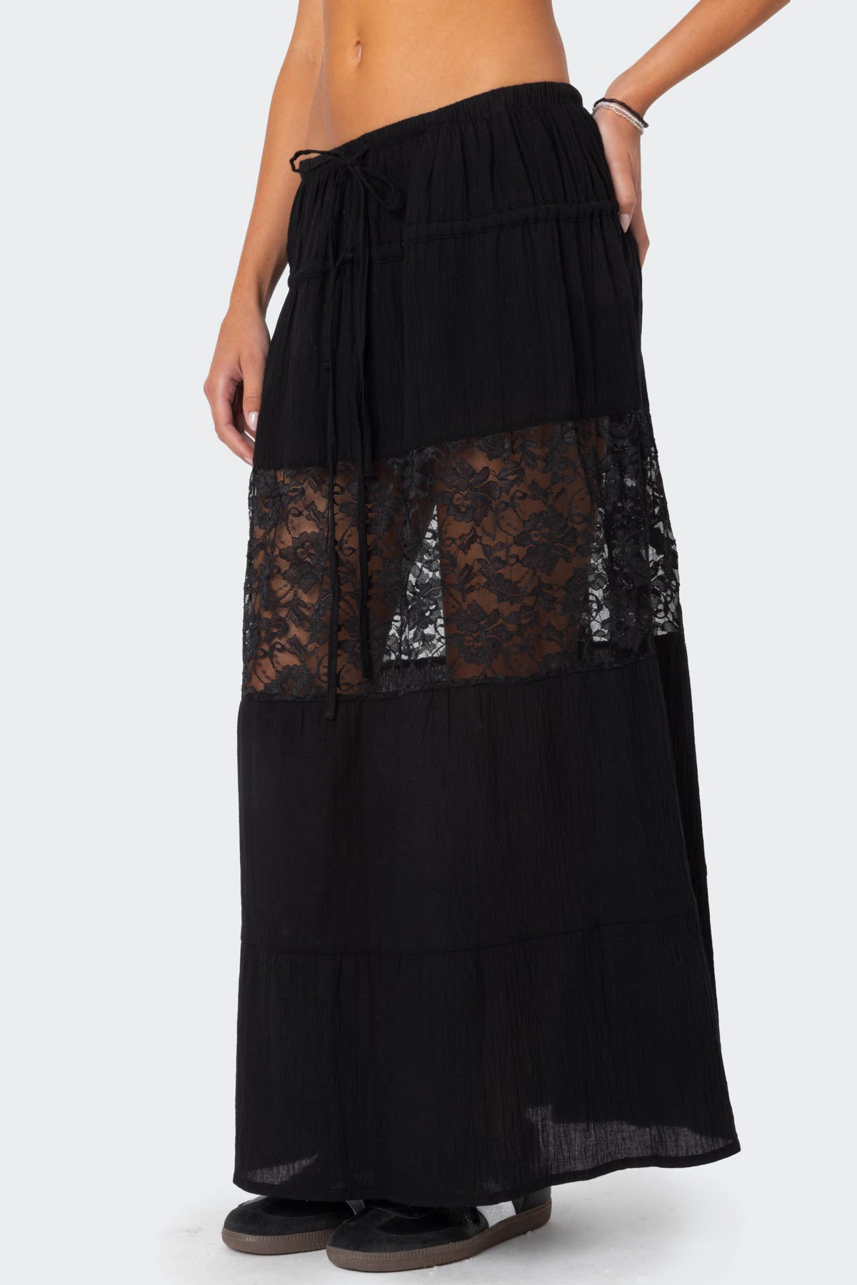 Double Tie Lace Panel Maxi Skirt