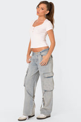 Via Low Rise Washed Denim Cargo Pants