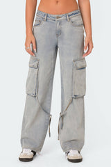 Via Low Rise Washed Denim Cargo Pants