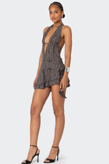 Shredded Backless Halter Mini Dress