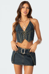 Elara Washed Denim Lace Up Corset