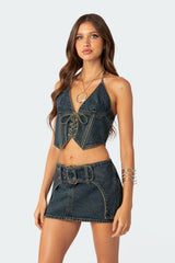 Elara Washed Denim Lace Up Corset