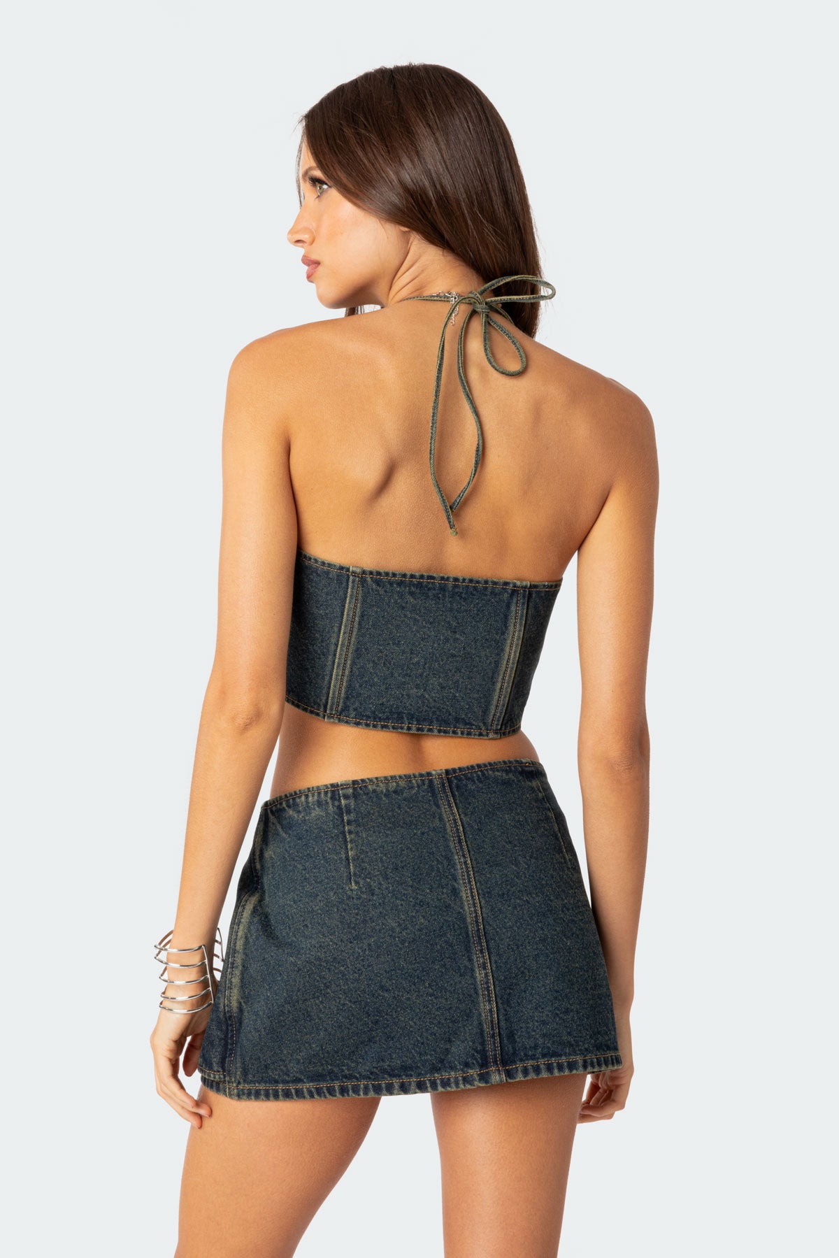 Elara Washed Denim Lace Up Corset