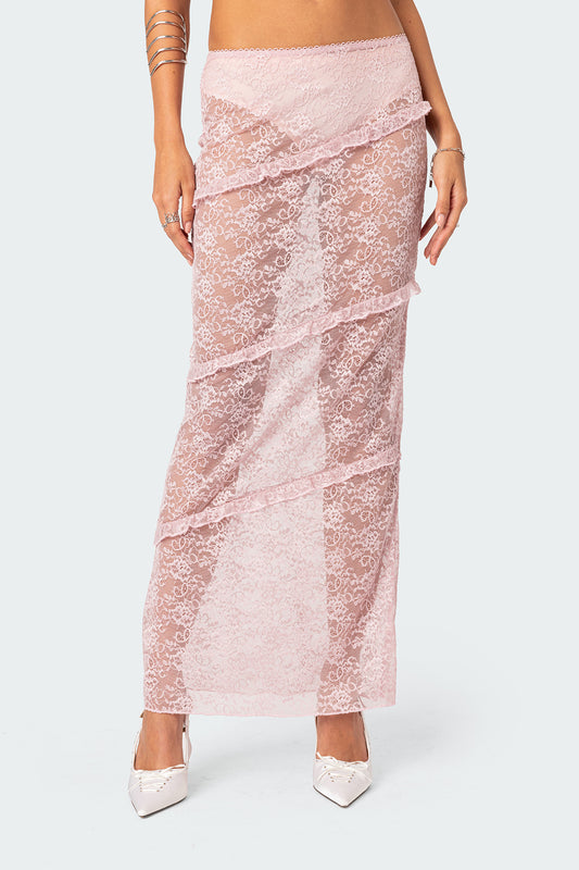 Myra Sheer Lace Ruffle Maxi Skirt