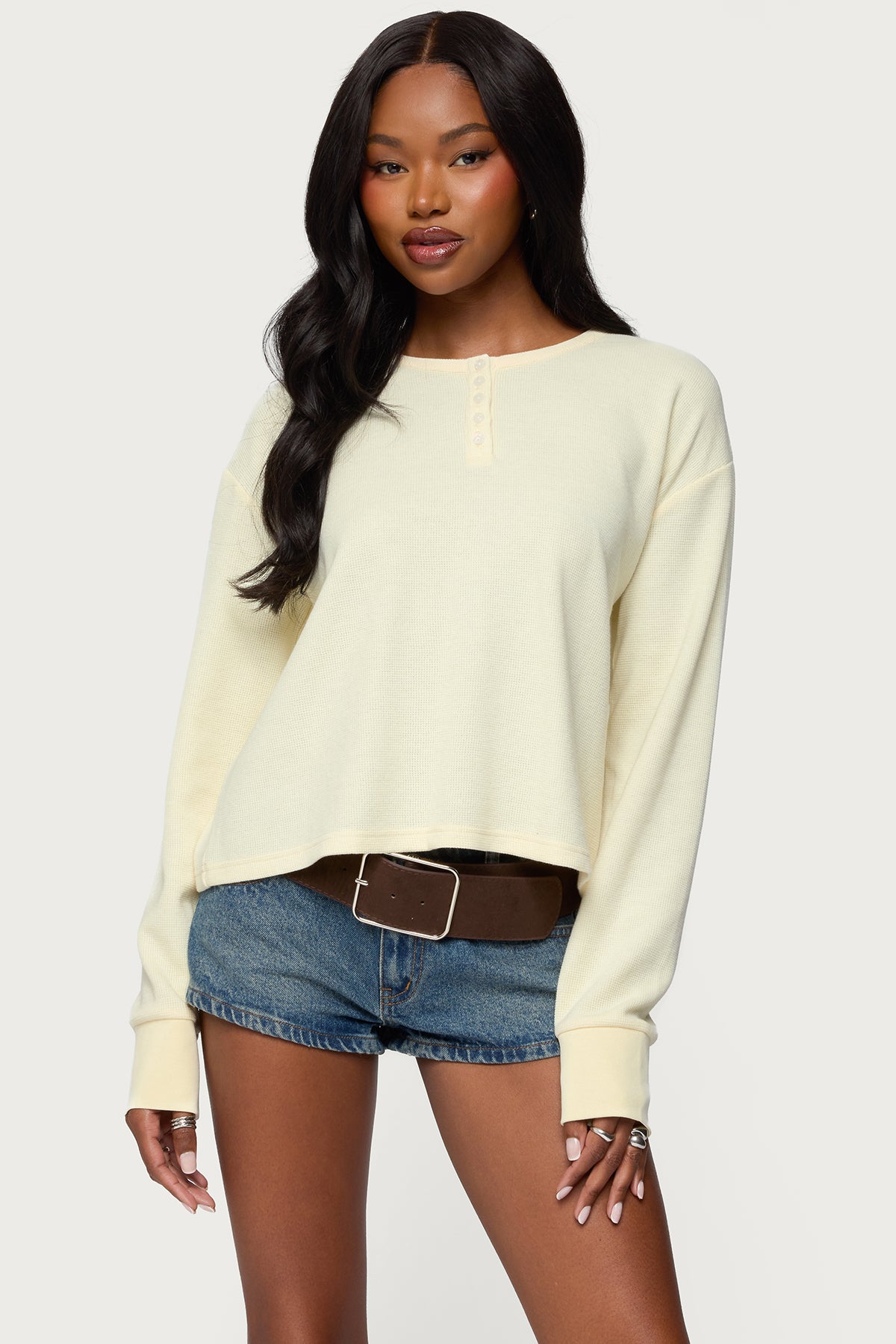 トップス abeundmor eyelet waffle tops Deni Long Sleeve Henley Waffle Top – edikted