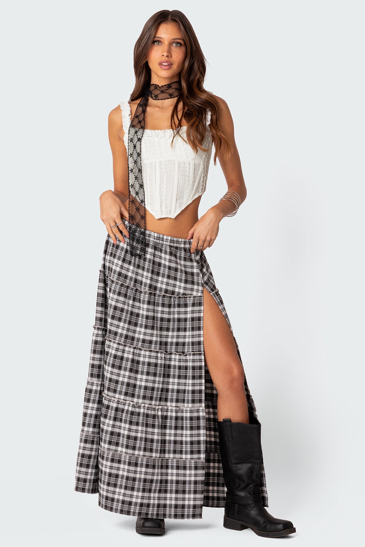 Plaid Side Slit Tiered Maxi Skirt