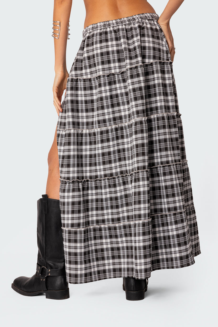 Plaid Side Slit Tiered Maxi Skirt – edikted