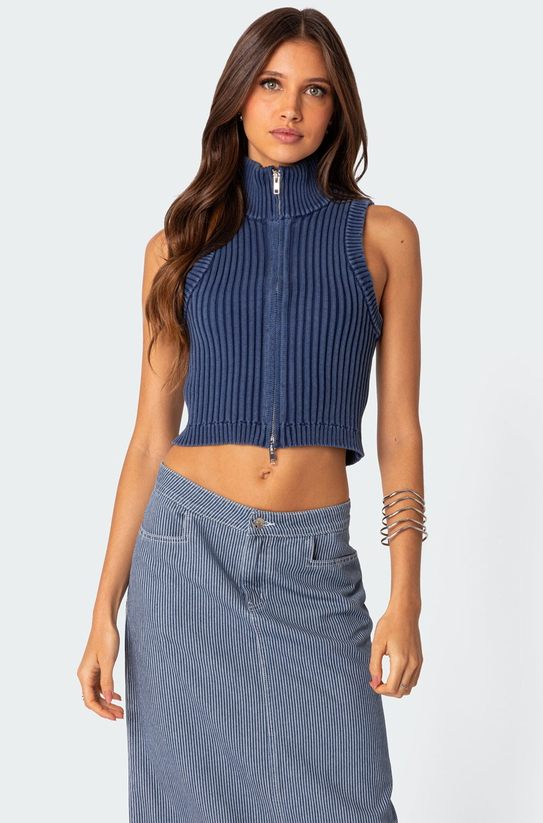 Washed Zip Up Knit Tank Top