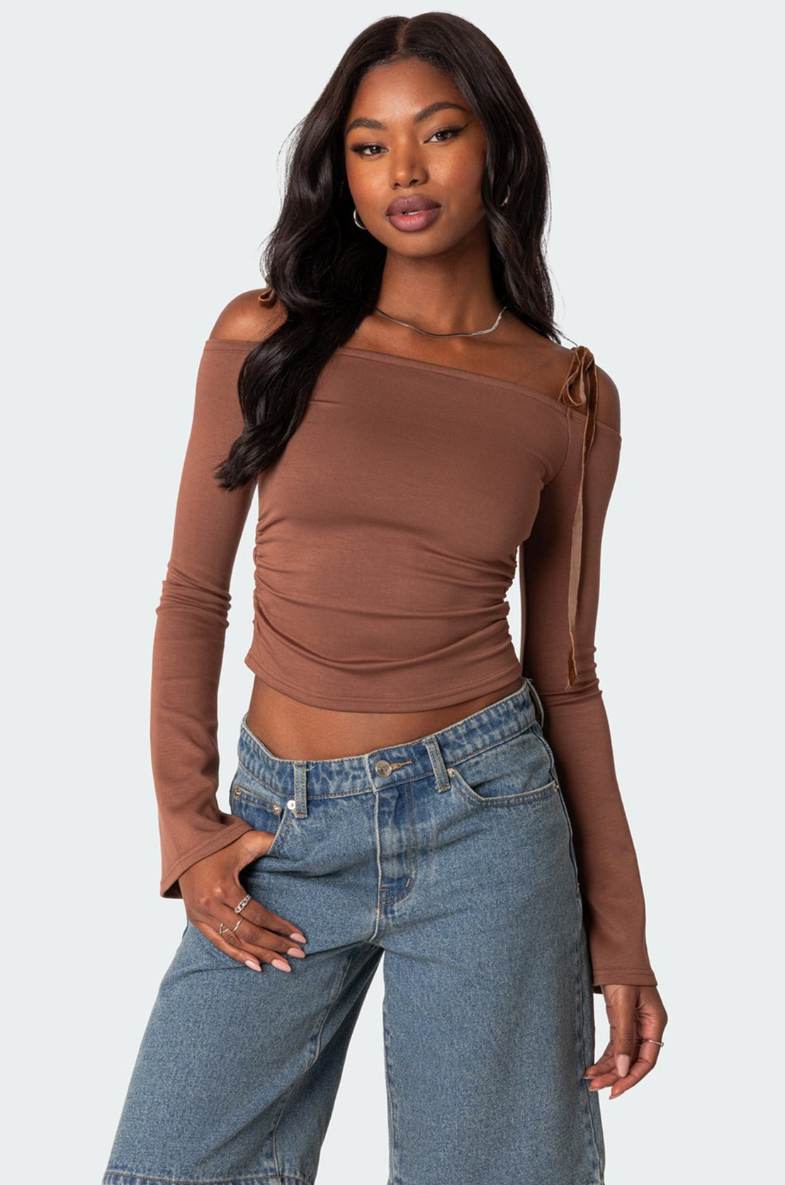 Velvet Tie Off Shoulder Top