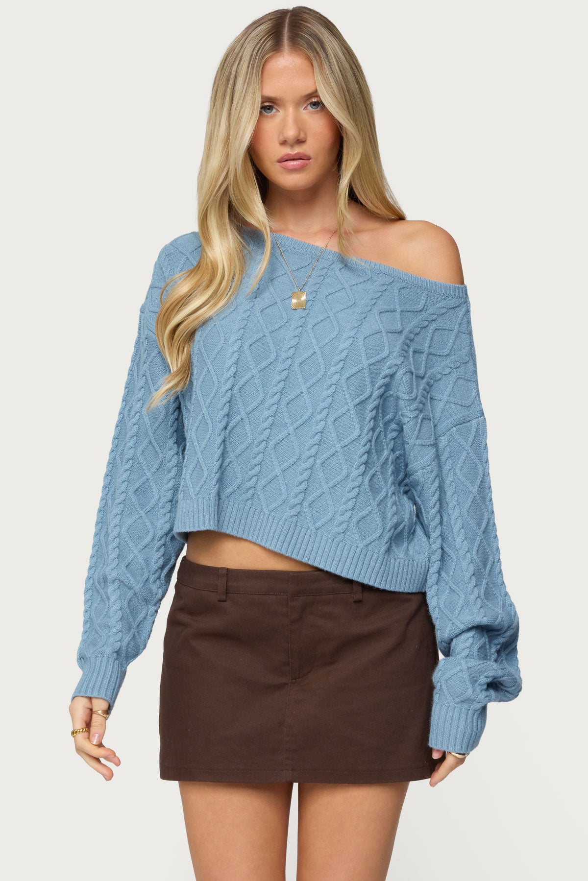 Oversized Off Shoulder Cable Knit Sweater – edikted
