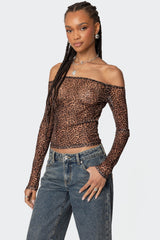 Leopard Sheer Mesh Off Shoulder Top