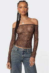 Leopard Sheer Mesh Off Shoulder Top